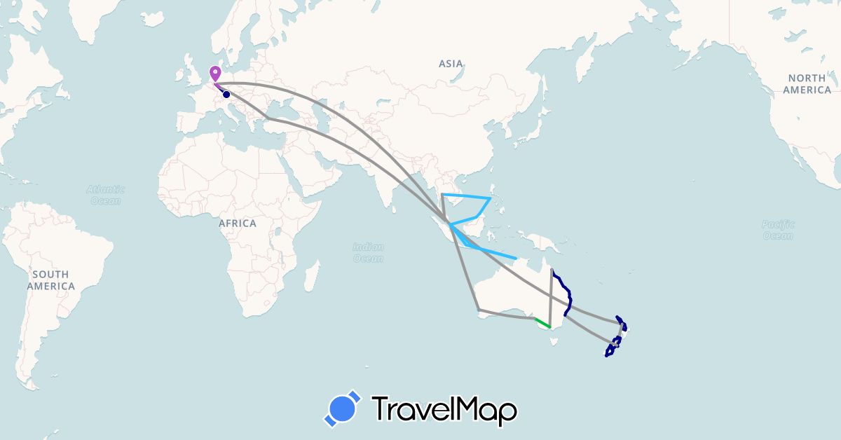 TravelMap itinerary: driving, bus, plane, train, hiking, boat in Australia, Brunei, Germany, Indonesia, Malaysia, New Zealand, Philippines, Singapore, Thailand, Turkey (Asia, Europe, Oceania)